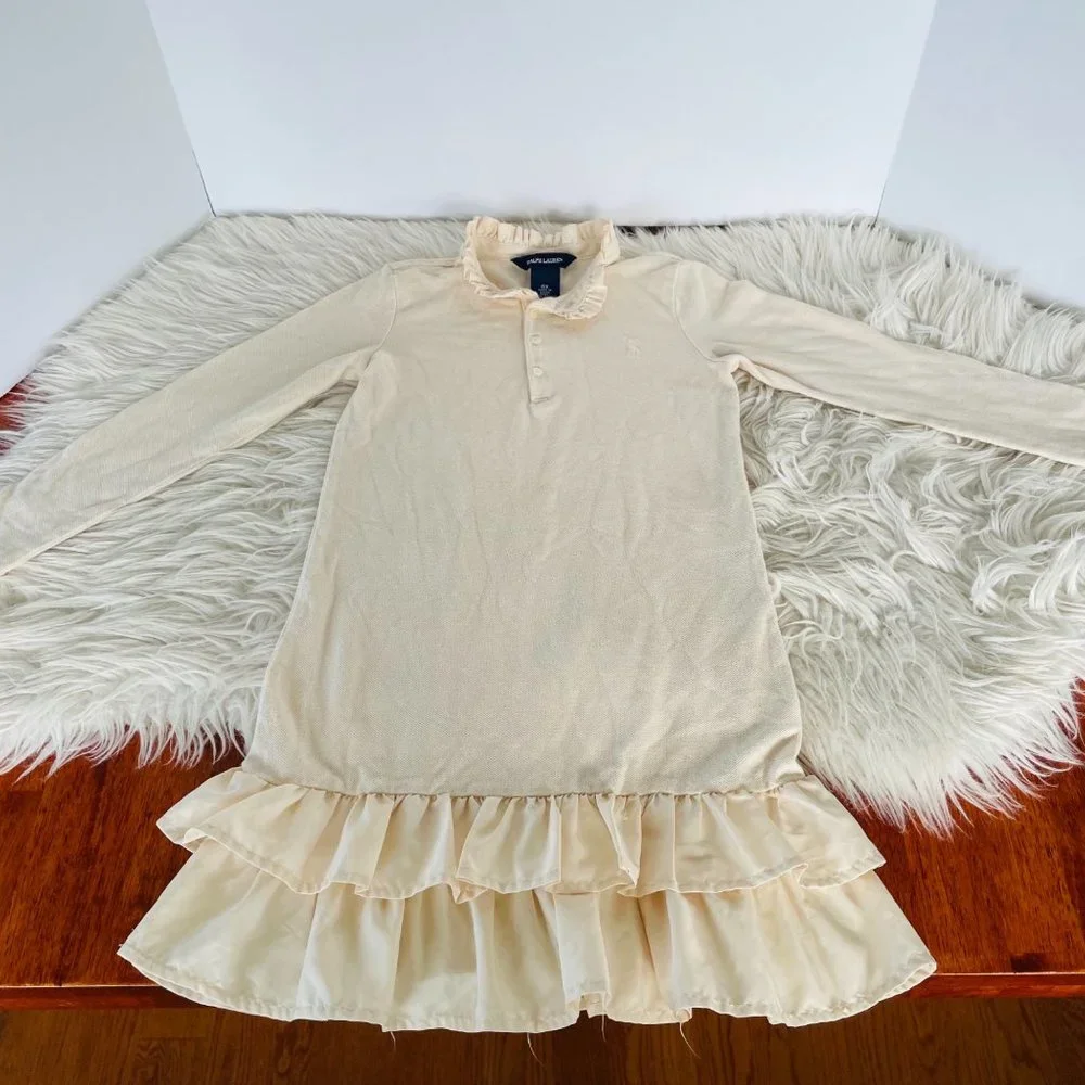 Ralph Lauren Girls Cream Long‎ Sleeve Ruffled Dress Size 6x